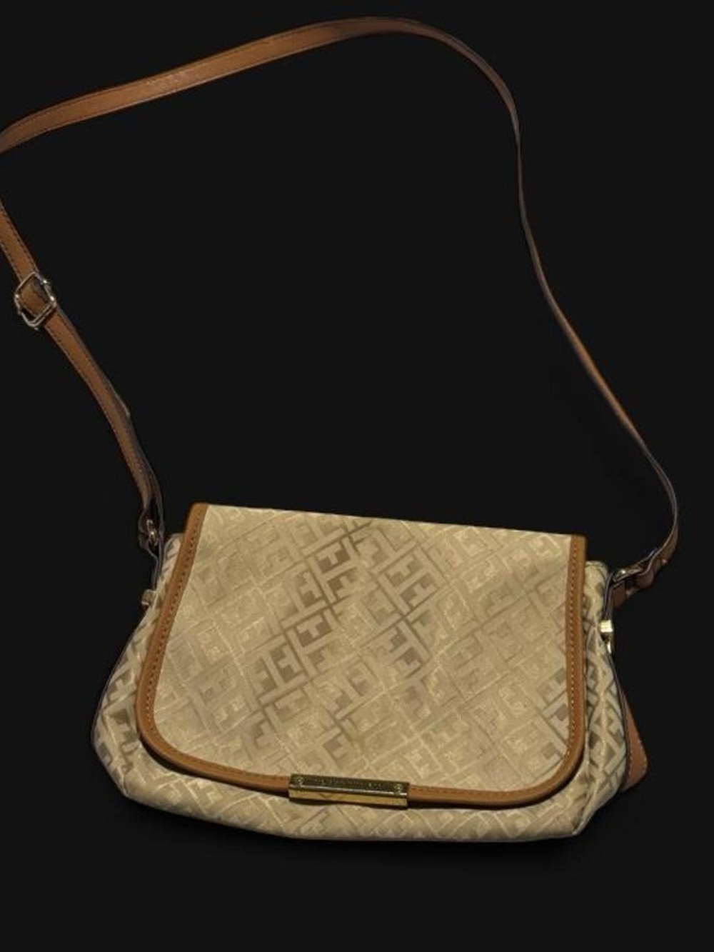 Tommy Hilfiger Beige and Tan Monogram Crossbody Bag